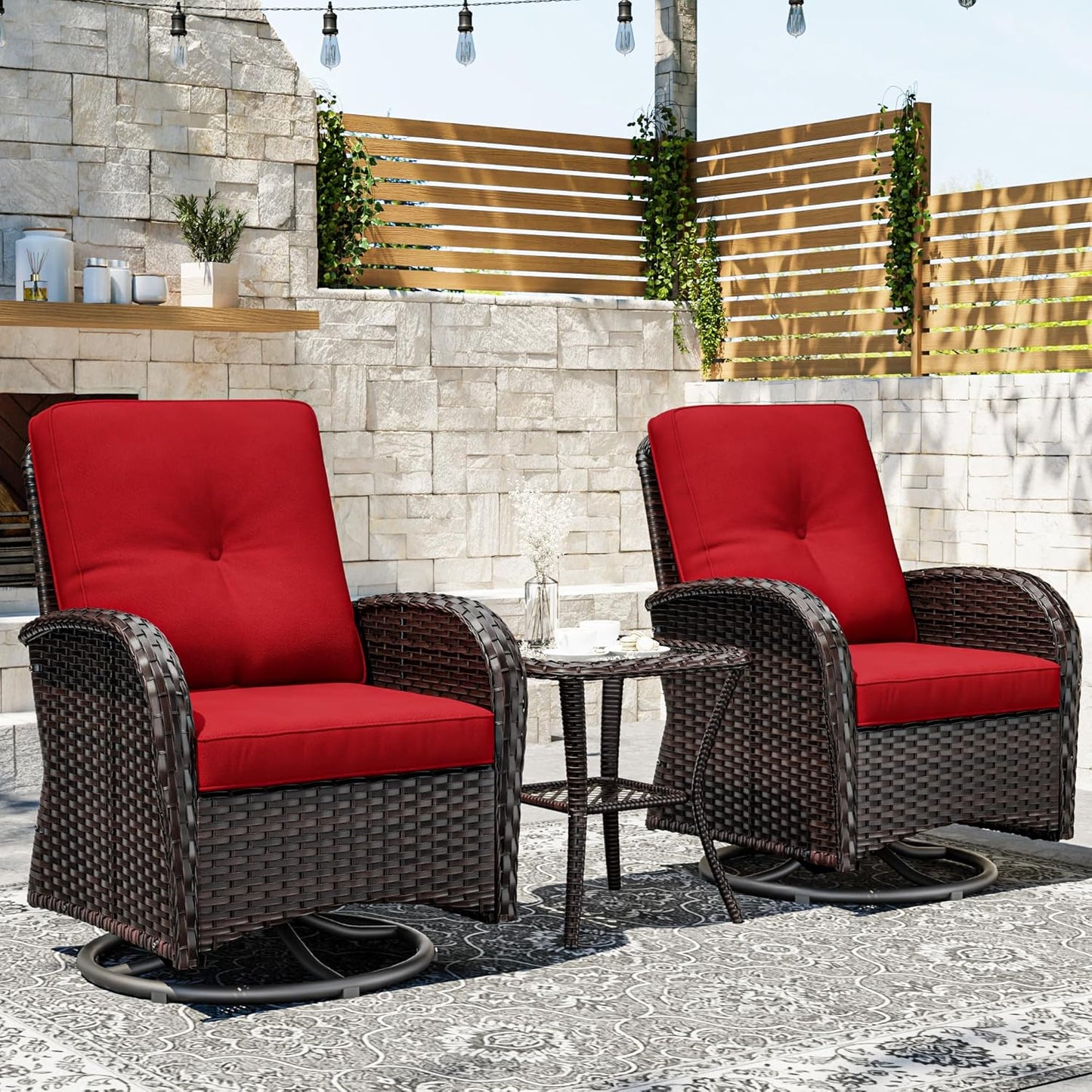 Joyside Outdoor Swivel Rocker Chairs, 3 Piece Wicker Patio Set with Thick Cushion and Side Table, Rattan Patio Swivel Rocking Chairs for Porch, Deck Use (Brown/Red, 3 PCS)