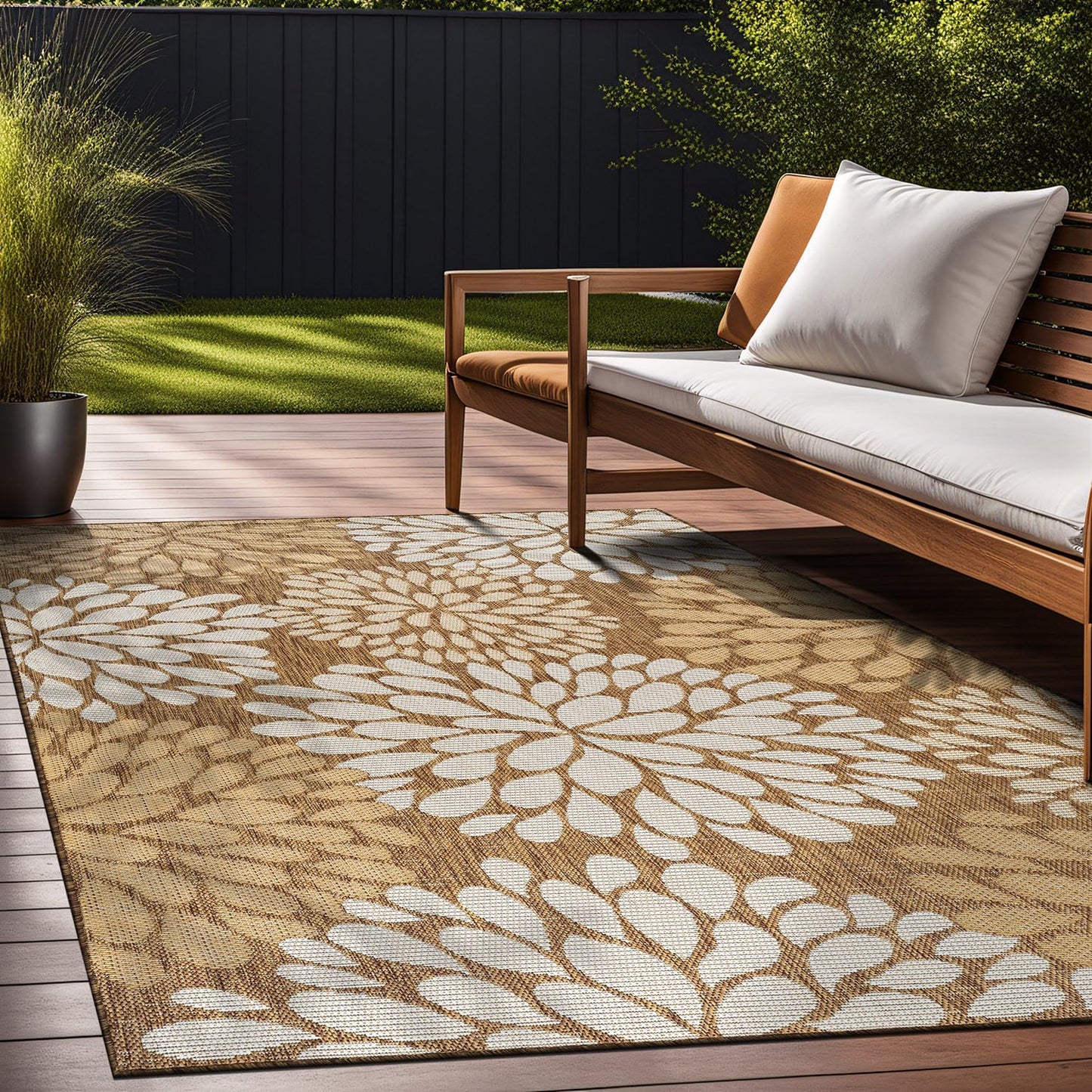 Beverly Rug Outdoor Rug 8x10 Modern Exotic Tropical Leaf Area Rugs for Indoor and Outdoor Patio Deck Porch Garden Water Resistant Washable Outside Carpet (8 x 10 Wooden)