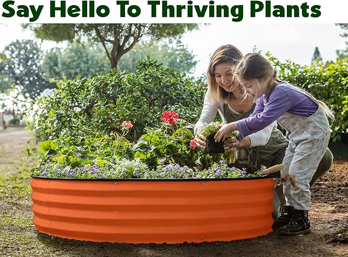 Round Galvanized Raised Garden Bed // 4×4×1 ft (2-Pack) Galvanized Raised Garden Beds Outdoor for Gardening, Vegetables, Flowers // Patented Tool-Free Design Round Planter (Orange)