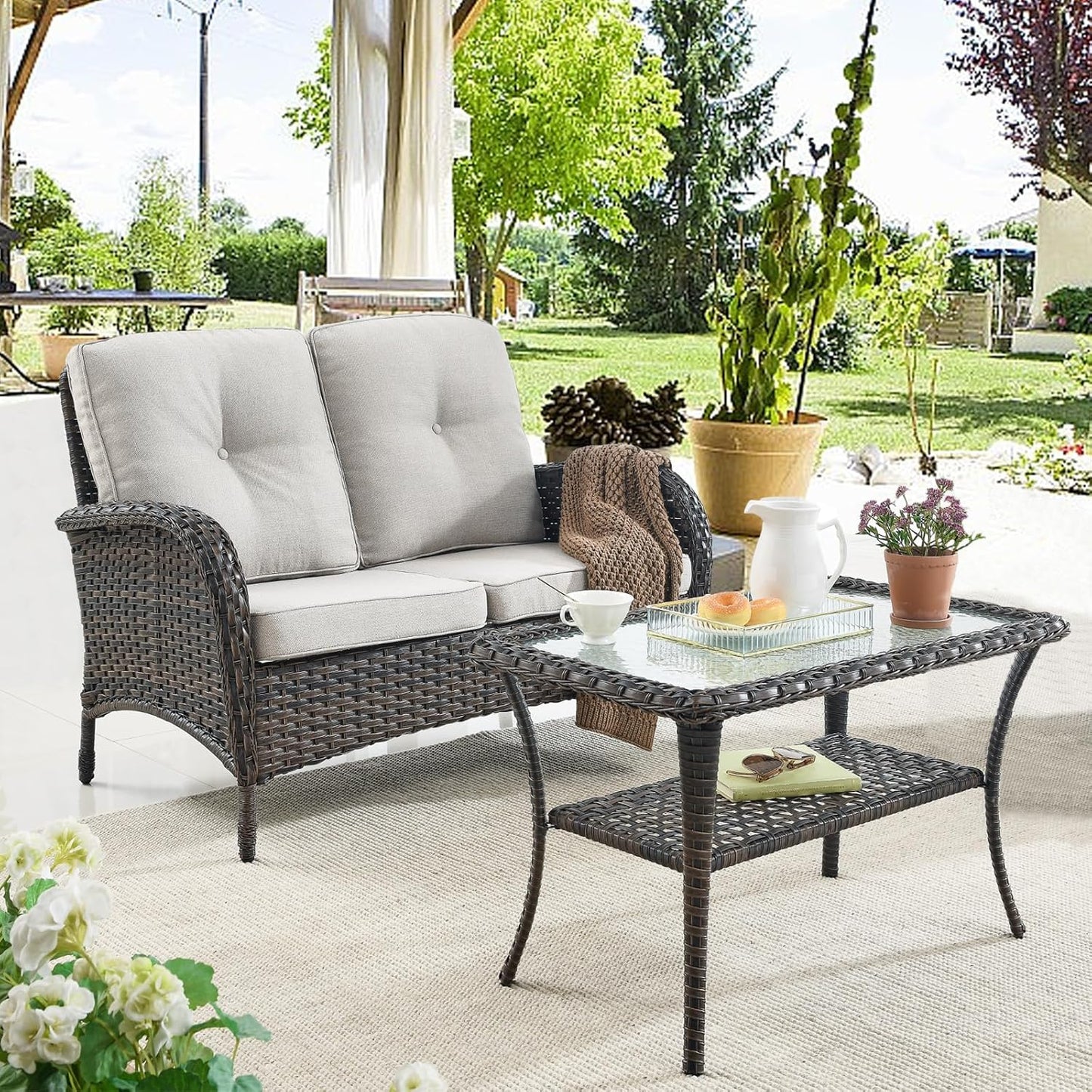 7 Piece Outdoor Patio Wicker Furniture Sets with Swivel Rocker Chairs, Rattan Loveseat Conversation Sets for Patio Deck Backyard Poolside, Beige Cushion