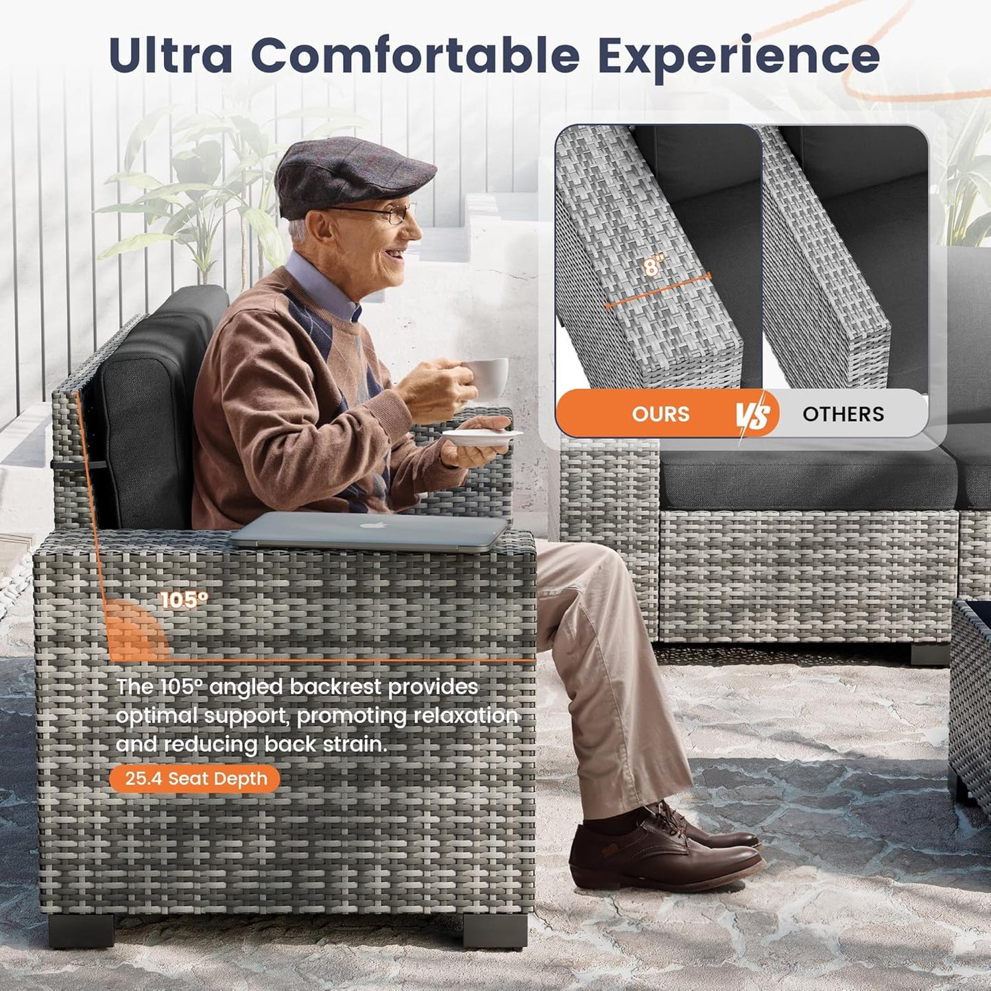 UDPATIO Patio Furniture Set with Fire Pit Table, 8 Inch Armrest Outdoor Sectional Sofa, 9 Piece Wicker Outdoor Furniture Conversation Sets with Waterproof Cover for Backyard Deck(Grey/Black)