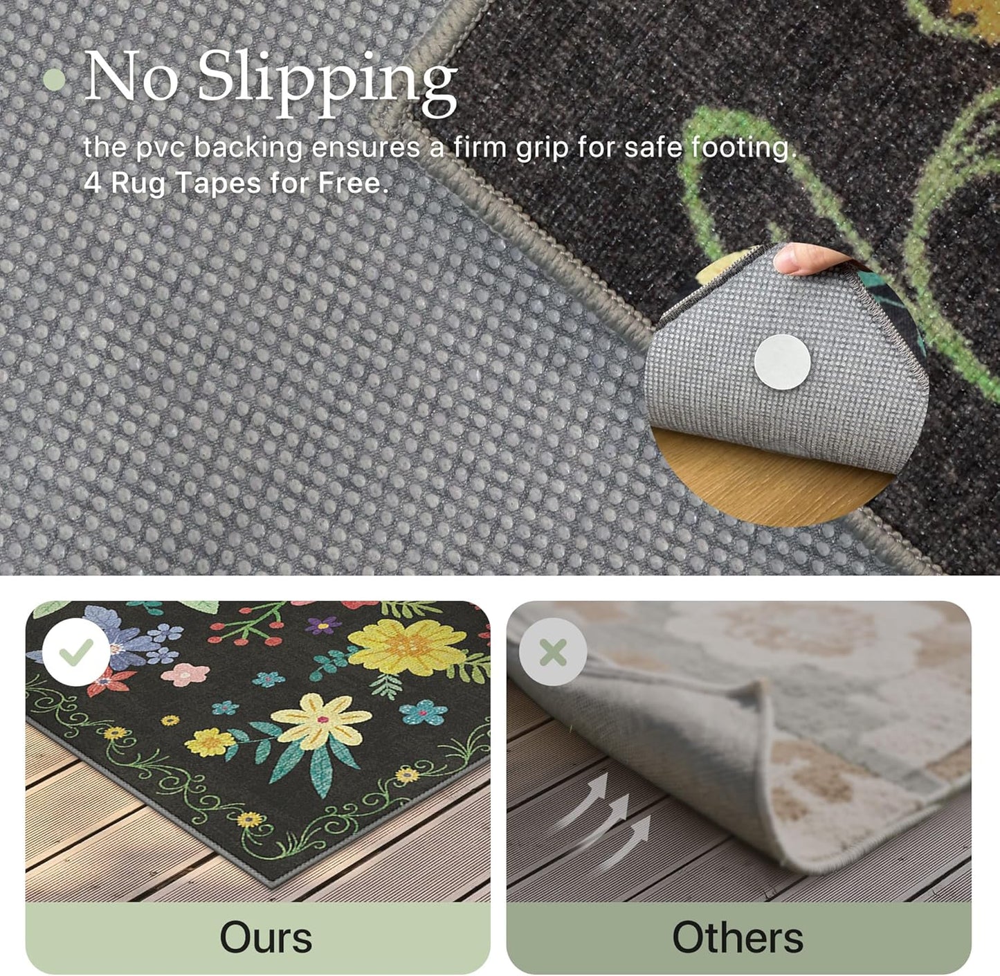 GENIMO Indoor Outdoor Area Rug 2' X 5' Waterproof, Washable Runner Rug Non Shedding, Easy Cleaning Floral Outdoor Carpet for Patio, Living Room, Bedroom, Entryway, Porch, Dining Room, Black