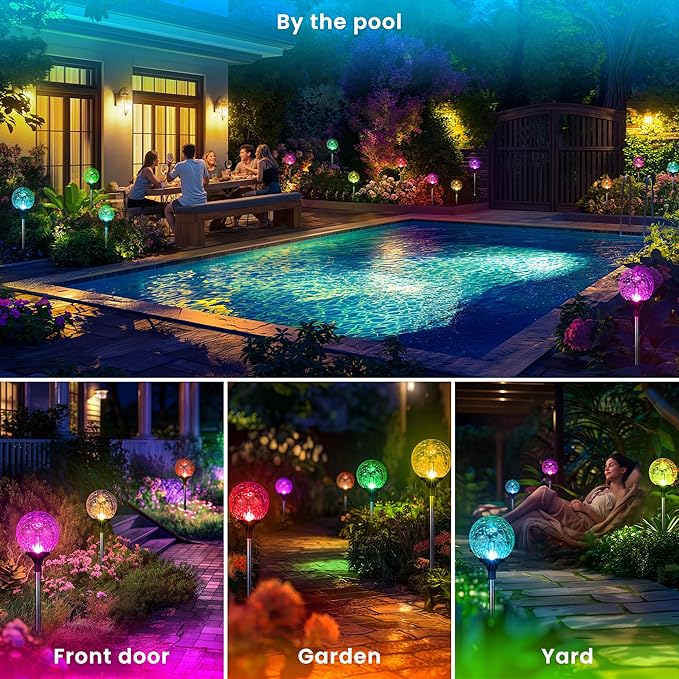 GIGALUMI Solar Garden Lights 3 Pack, Solar Powered Outdoor Lighting Multi-Colored Changing Garden Globes Waterproof Cracked Glass Ball with LED Lights Decor for Yard Patio Porch Balcony Landscape