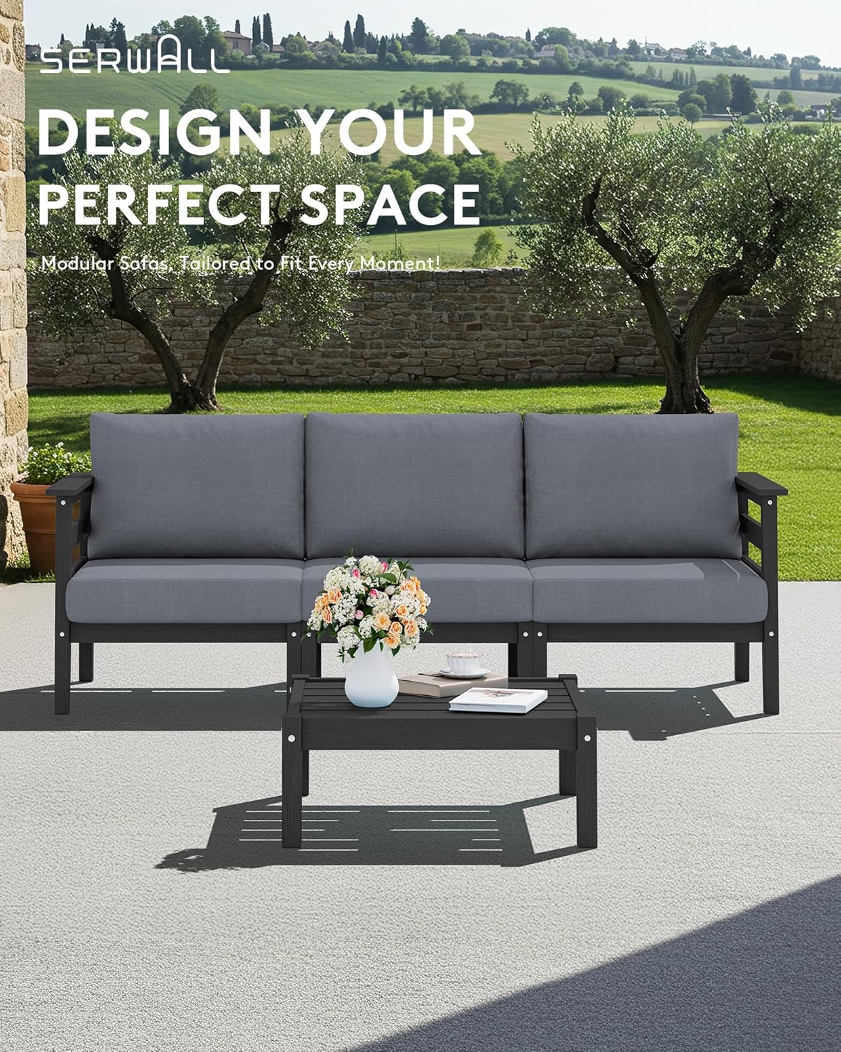 SERWALL HDPE Patio Furniture Set 4 Pieces, All-Weather Wood-Like Outdoor Sofa Couch with Coffee Table for Deck, Lawn, Black Frame with Grey Cushion