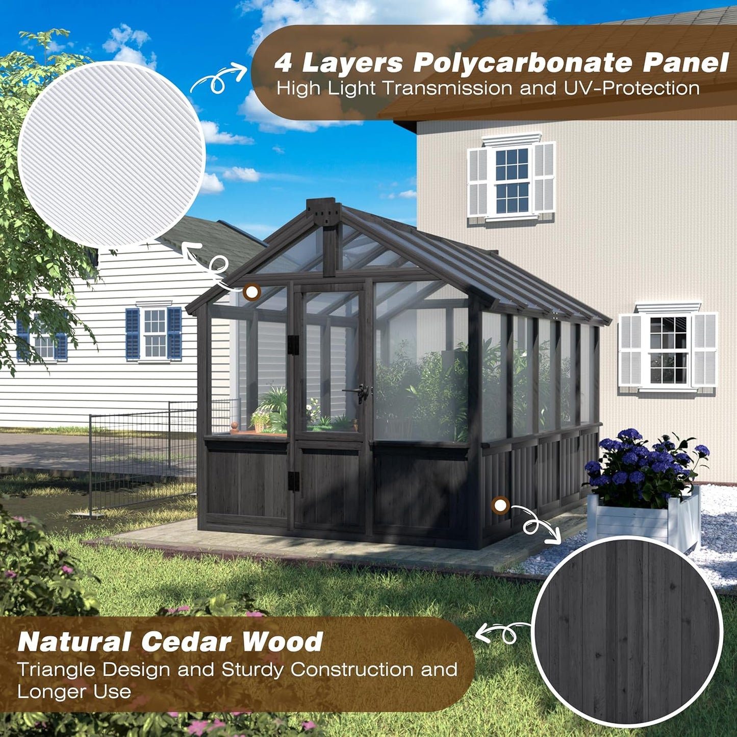 6x10 FT Greenhouse Kit for Outdoor, Thickened Polycarbonate Panel Wooden Walk-in Green House with Lockable Door and Adjustable Roof Vent, Backyard Garden, Black