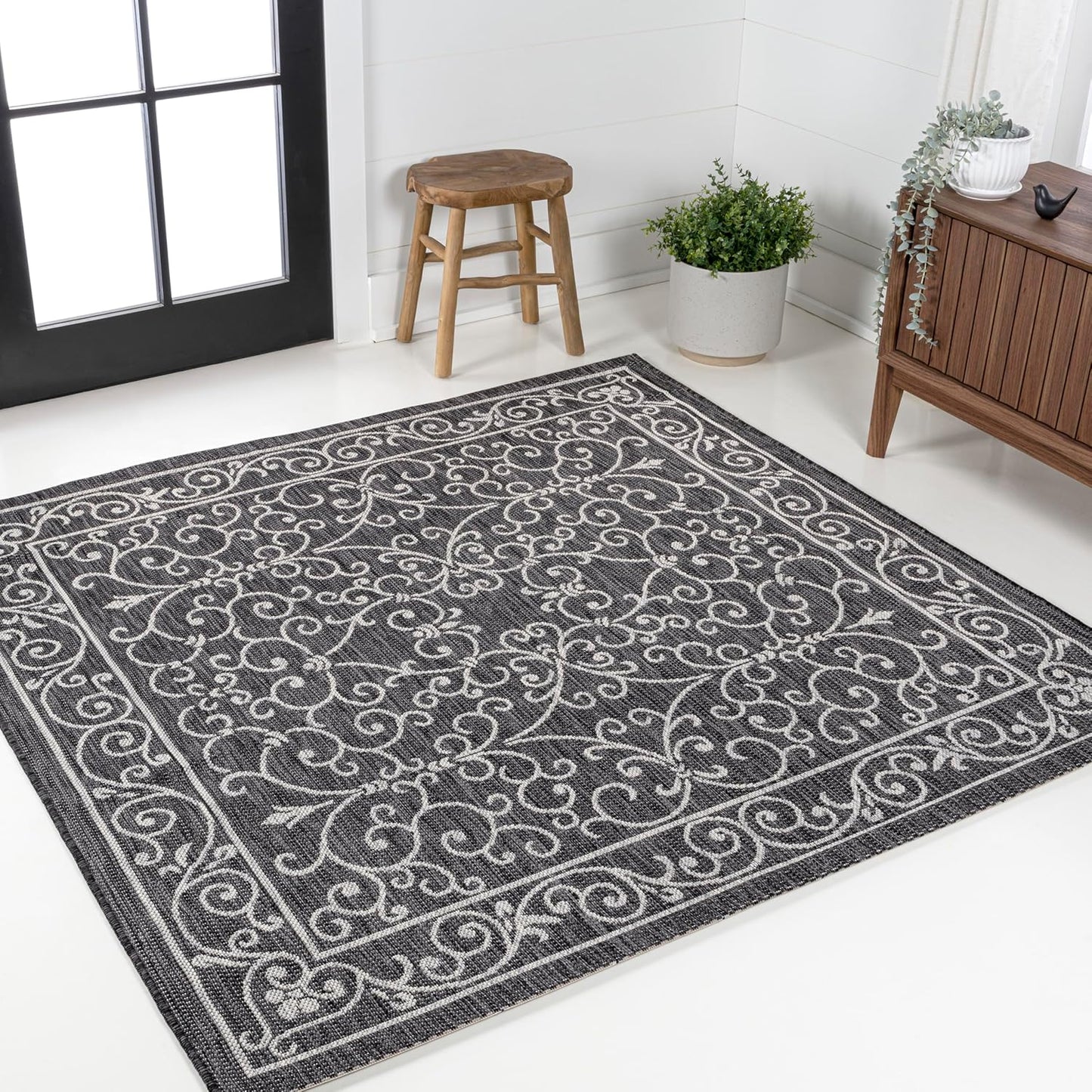 JONATHAN Y SMB106G-6SQ Charleston Vintage Filigree Textured Weave Black/Gray 6' Square Indoor/Outdoor Area Rug, Pet Friendly, Non-Shedding, Stain Resistant, Easy-Cleaning for Backyard, Patio, Porch