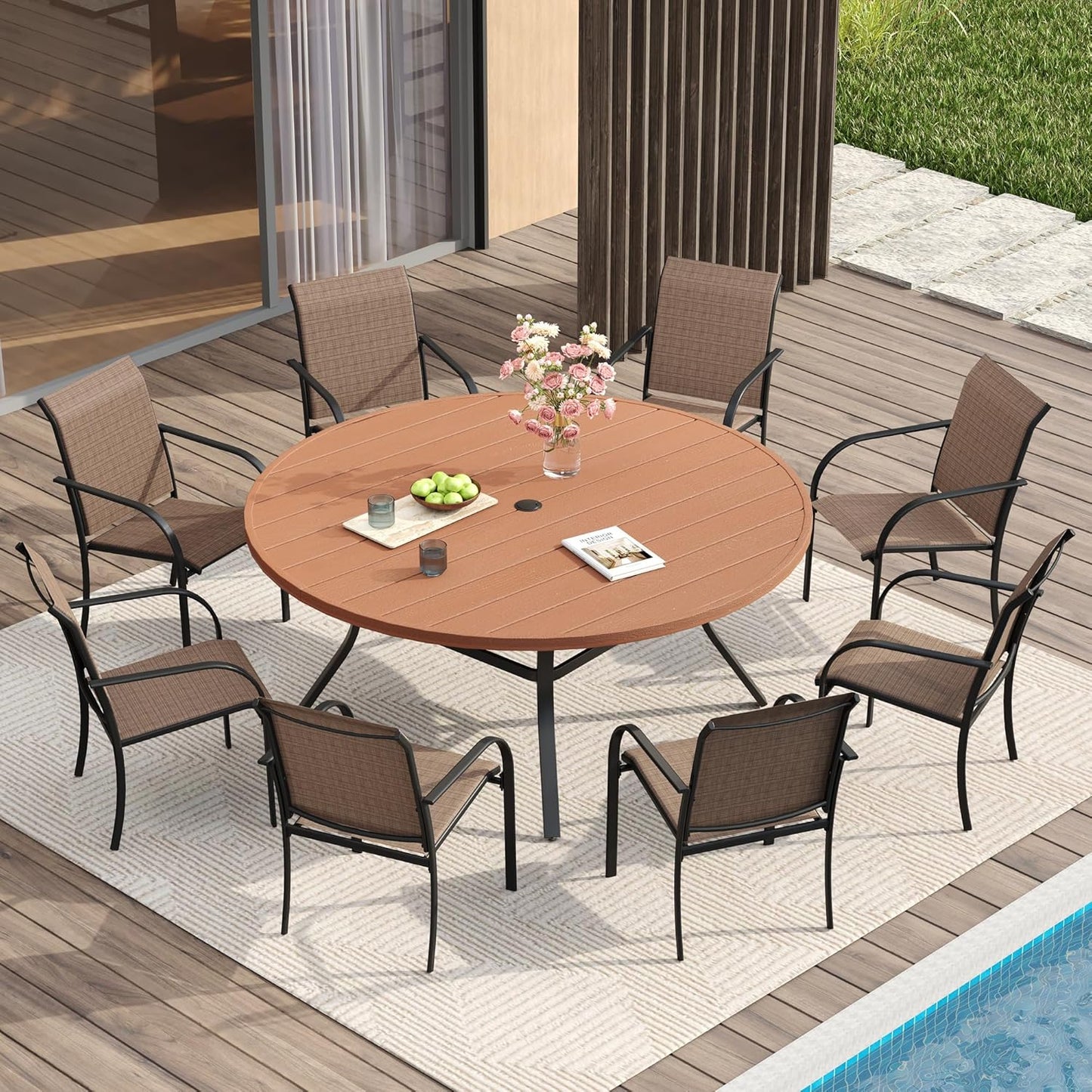 VICLLAX Patio Dining Set for 8, 9 Pieces Outdoor Furniture Set Includes 56.3" Round Patio Table and 8 Patio Stackable Chairs, Outdoor Table and Chairs for Outsides, Walnut Tabletop and Brown Fabric