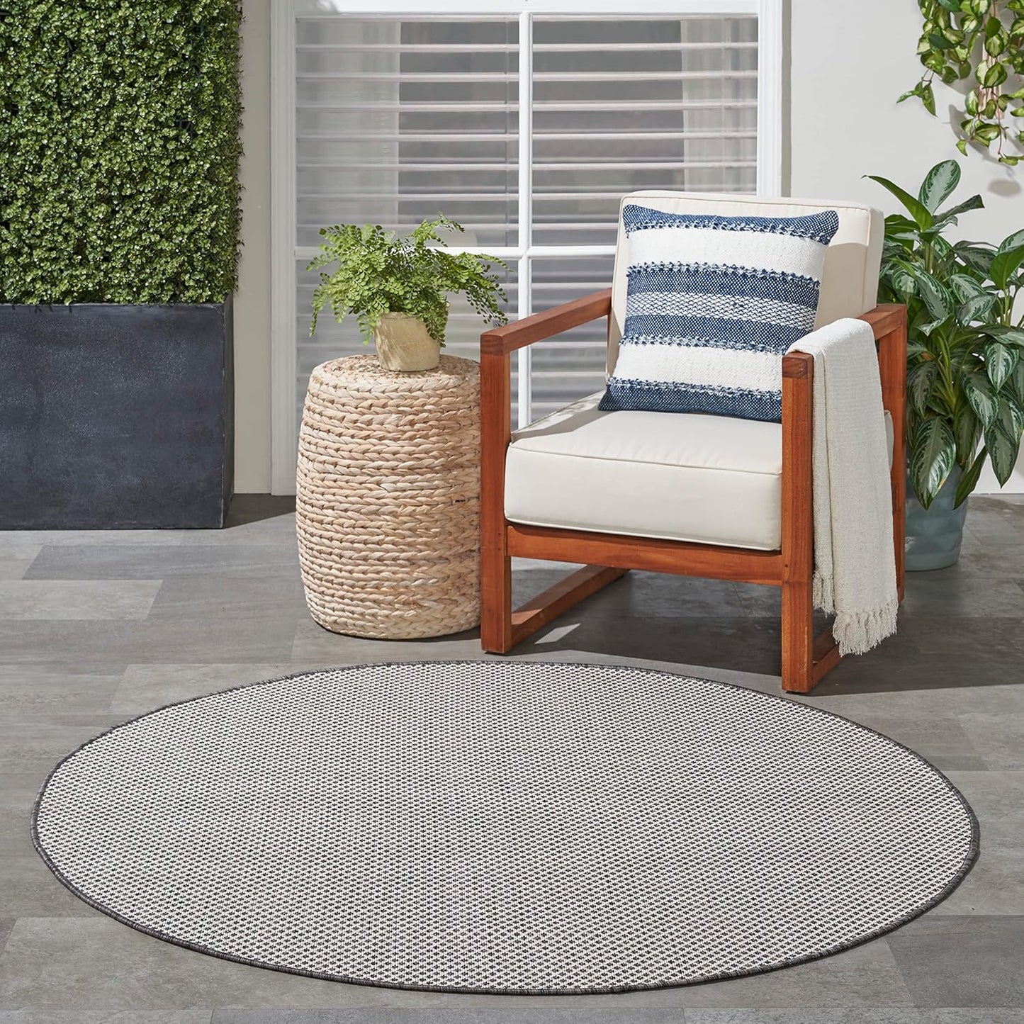 Nourison Home Courtyard Indoor/Outdoor Ivory/Charcoal 4' x Round Area Rug, Easy Cleaning, Non Shedding, Bed Room, Living Room, Dining Room, Backyard, Deck, Patio (4 Round)