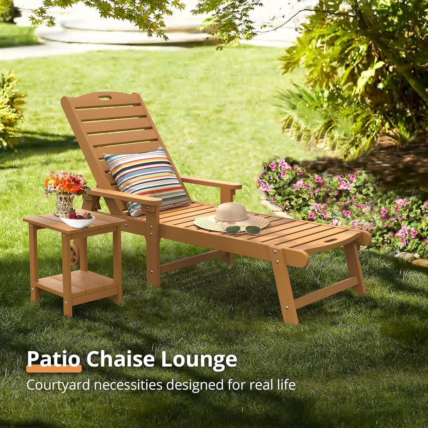 LUE BONA Outdoor Chaise Lounge, 79'' Oversized HDPS Chaise Lounger, 5 Positions Adjustable Lounge Chairs, Pool Lounge Chair with Wheels for Poolside, Backyard, 3 Year Warranty, Teak Color