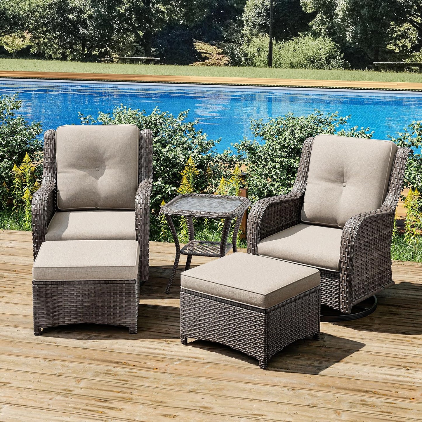 Joyside 5 Piece Outdoor Patio Furniture Set Wicker Conversation Bistro Set Swivel Rocking Chairs with Side Table and Ottomans for Backyard, Porch, Deck(Mixed Grey/Beige)