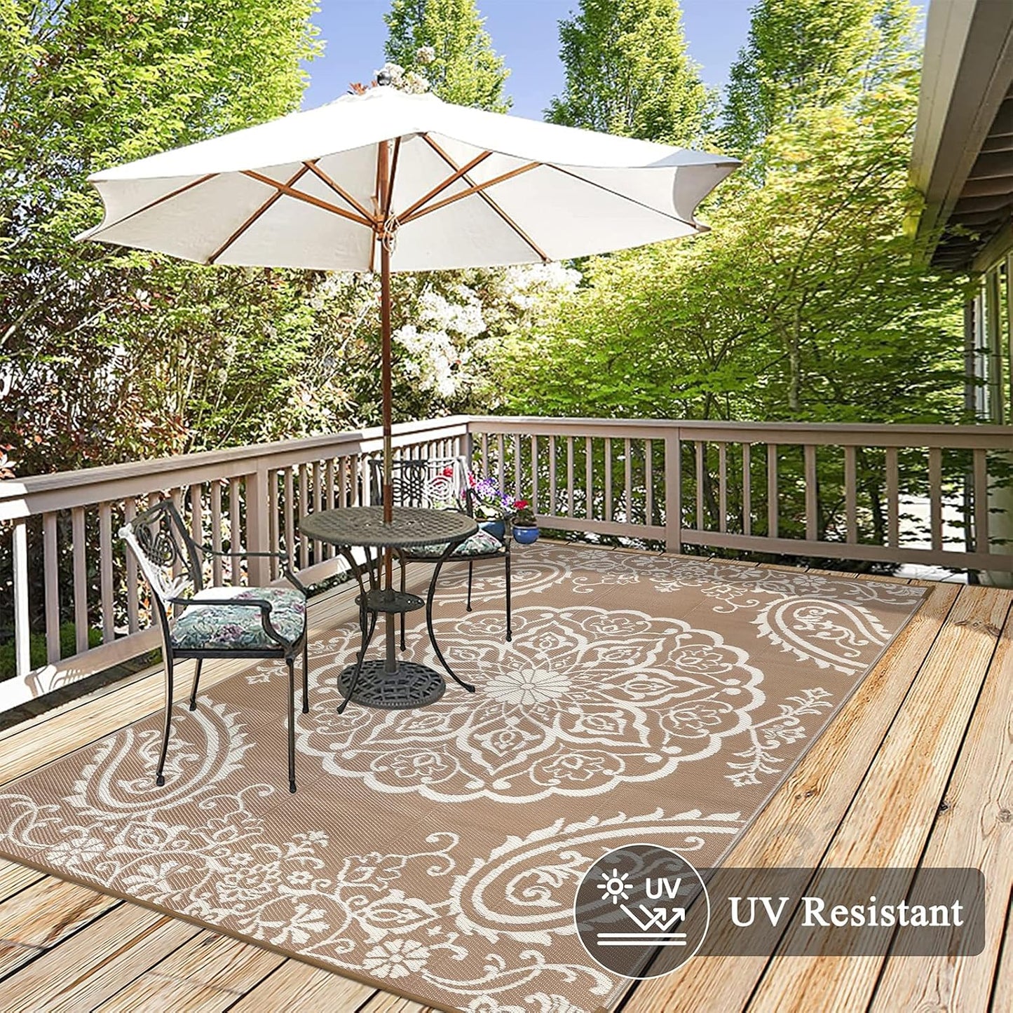 Pauwer Waterproof Outdoor Rug 5x8, Reversible Plastic Straw Patio Camping Rug, Indoor Outdoor RV Mat Carpet for Deck, Camper, Porch, Balcony, Backyard, Picnic, Boho Brown