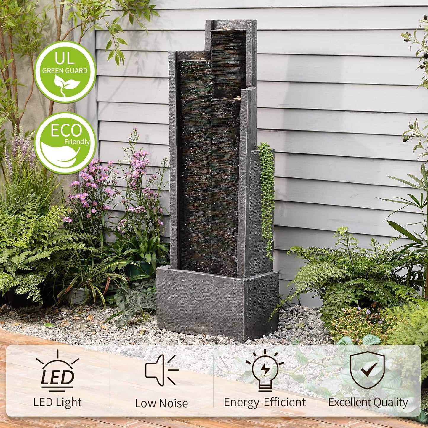 49.6" H Modern Water Outdoor Fountain,Garden Cascading Indoor Resin Water Fountains Tall Floor - Standing Fountain with LED Light for Patio, Yard, Deck and Home Decor