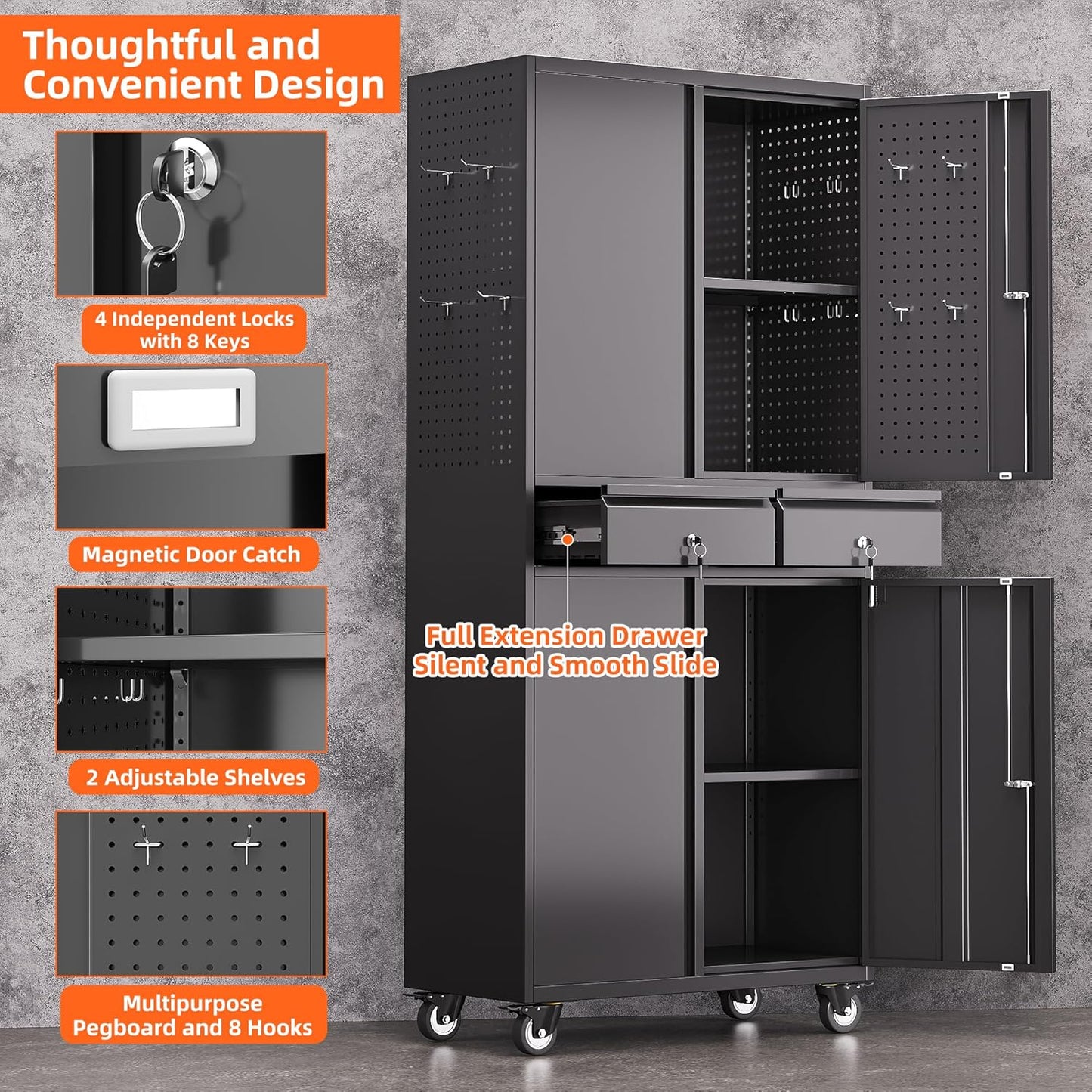 Aobabo Metal Storage Cabinet with Wheels and 2 Locking Drawers, Steel Rolling Tool Cabinet with 8 Hooks and 2 Adjustable Shelves for Garage, Home, Office, Kitchen, Assembly Required, Black