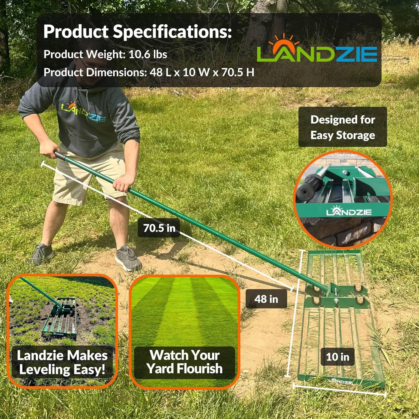 LANDZIE - The Original Lawn Leveling Rake – 48" Steel Handle Yard Leveler, Lawn Level Tool for Creating a Flat Surface - Works for Soil, Dirt, Topdressing, and Ground