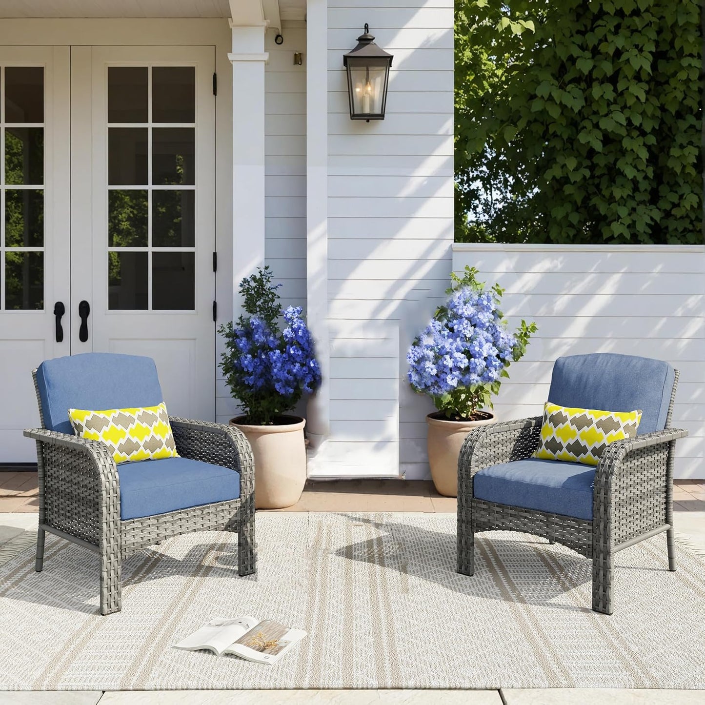 HOOOWOOO Patio Furniture Set,2 Pieces Outdoor Wicker Chairs Set,All Weather Bistro Chairs with Comfy High Back,Denim Blue