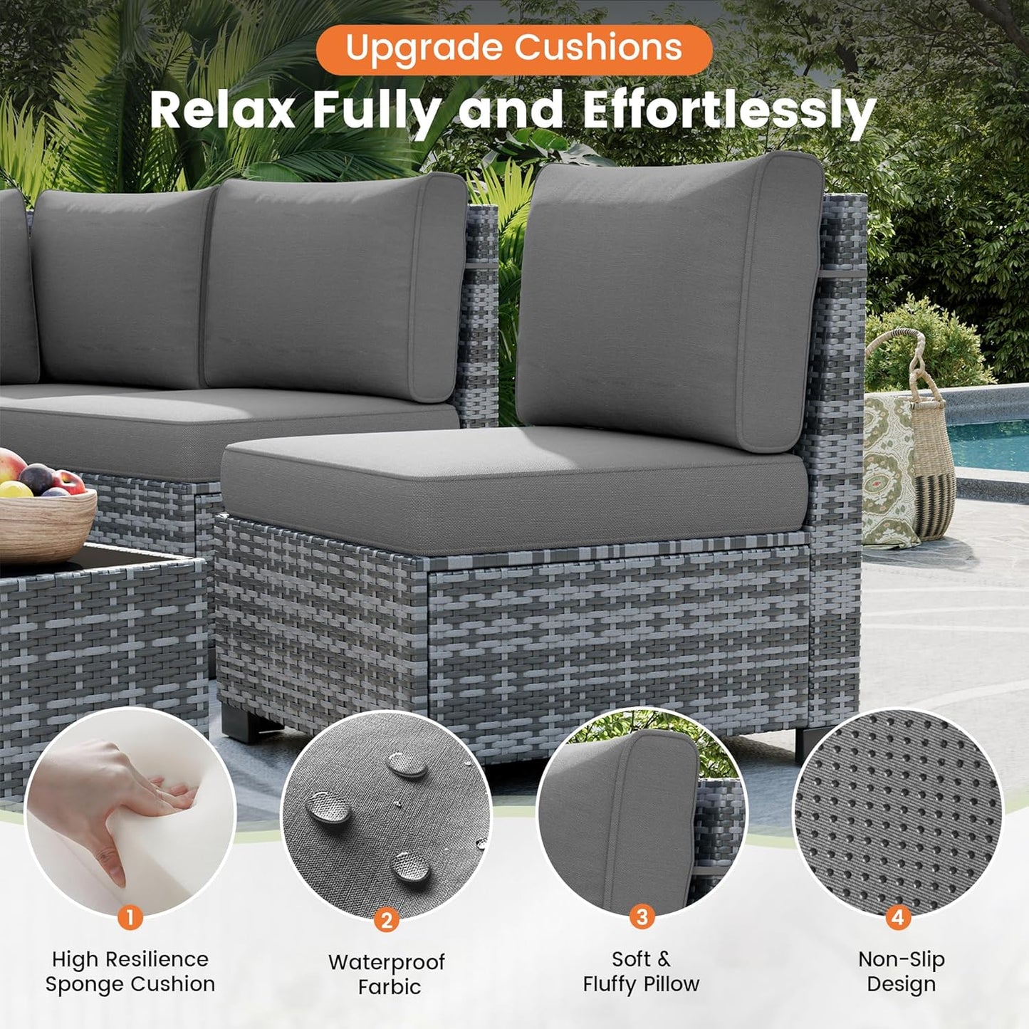 UDPATIO Patio Furniture Set with Fire Pit Table, 8 Inch Armrest Outdoor Sectional Sofa, 7 Piece Wicker Outdoor Furniture Conversation Sets with Waterproof Cover for Backyard Deck(Grey/Dark Grey)