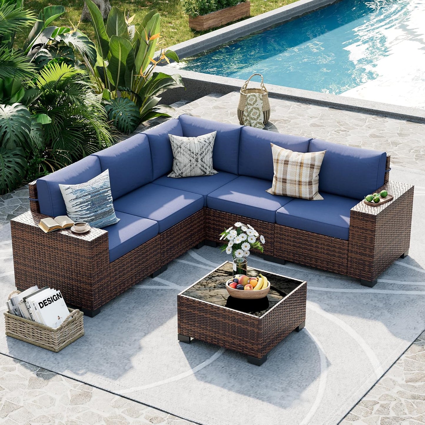 UDPATIO Patio Furniture Set, 8 Inch Armrest Outdoor Sectional Sofa, 6 Piece Wicker Outdoor Furniture Conversation Sets with Waterproof Cover and Coffee Table for Backyard Deck(Brown/Navy Blue)
