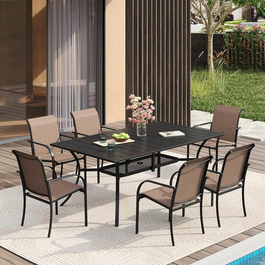 VICLLAX Patio Dining Set for 6, Outdoor Furniture Set Includes 59" Rectangle Patio Table and 6 Patio Sling Chairs, Outdoor Table and Chairs for Outsides, Black Tabletop and Brown Fabric