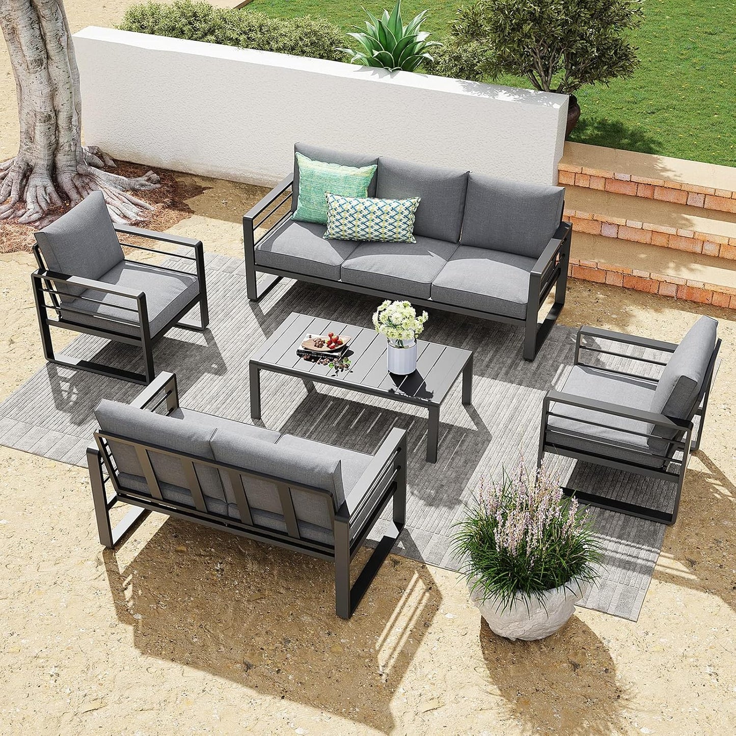 Patiorama Aluminum Patio Furniture Set, Outdoor Patio 3-Seater Sofa, 3 Seats Couch, All Weather Dark Grey Metal Chair with Olefin Cushion, Deep Seating, 800 lbs Capacity, Deck, Garden-Grey Cushion