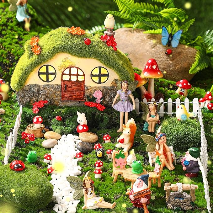 Suzile 50 Pcs Solar Fairy House Garden Accessories Light up Flocked Fairy House Garden Kit Green Resin Miniature Mushroom Figures Micro Landscape Ornament(Stone House)