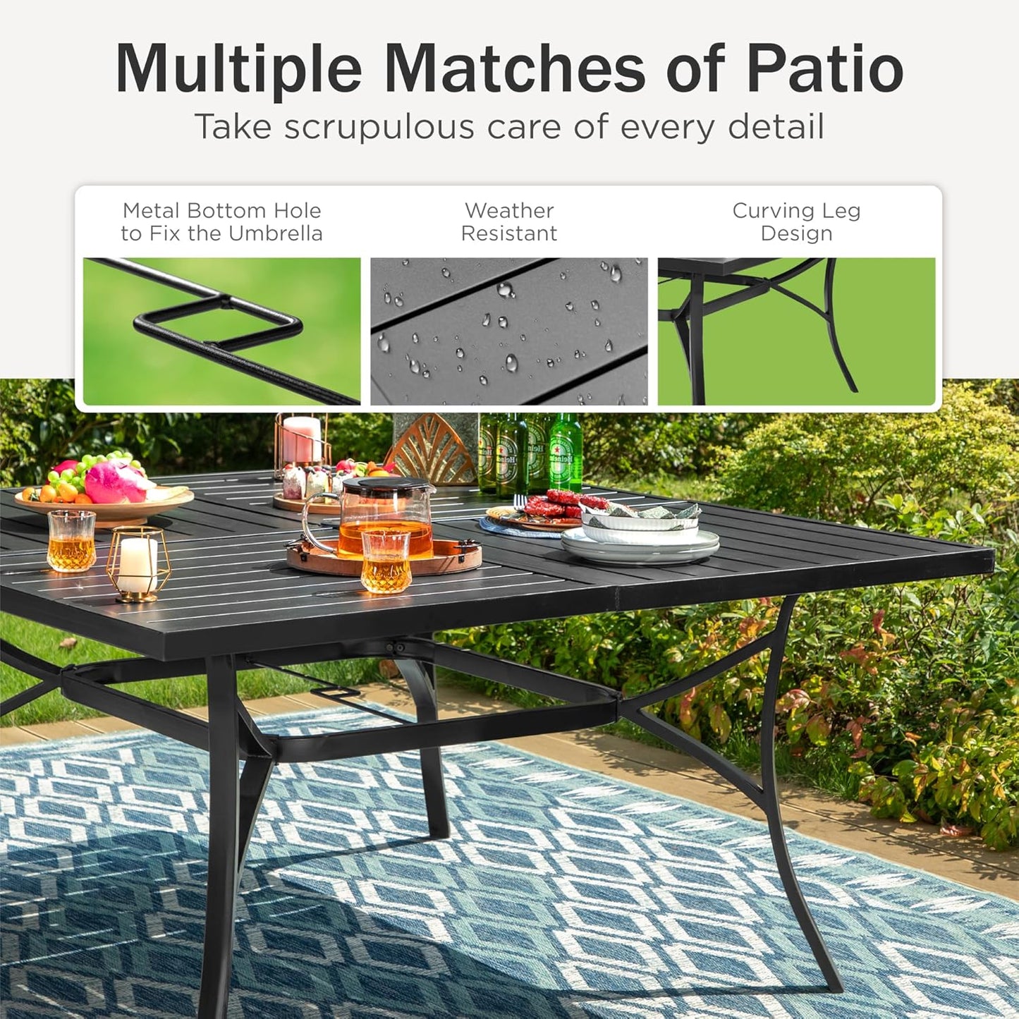 PHI VILLA Large Outdoor Square Dining Table for 8, 60" Metal Steel Slat Table with Umbrella Hole, Weather-Resistant Dining Fruniture for Patio, Deck, Backyard, Porch - Black