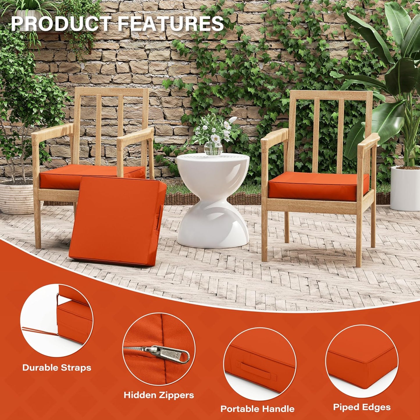 Patio Chair Cushions 17 X 16 X 3 Inch Waterproof Outdoor Seat Cushions for Patio Furniture, Outdoor Sofa Couch Pads with Ties & Handle, Set of 2, Orange