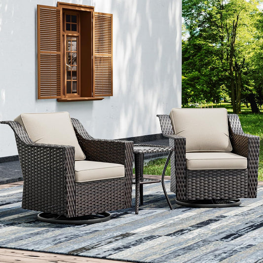 Joyside Wicker Patio Furniture Sets, 3 Pieces Upgraded Large Size Outdoor Furniture with 2 Patio Swivel Chairs and 1 Side Table, Thick Cushions, Wide Armrest