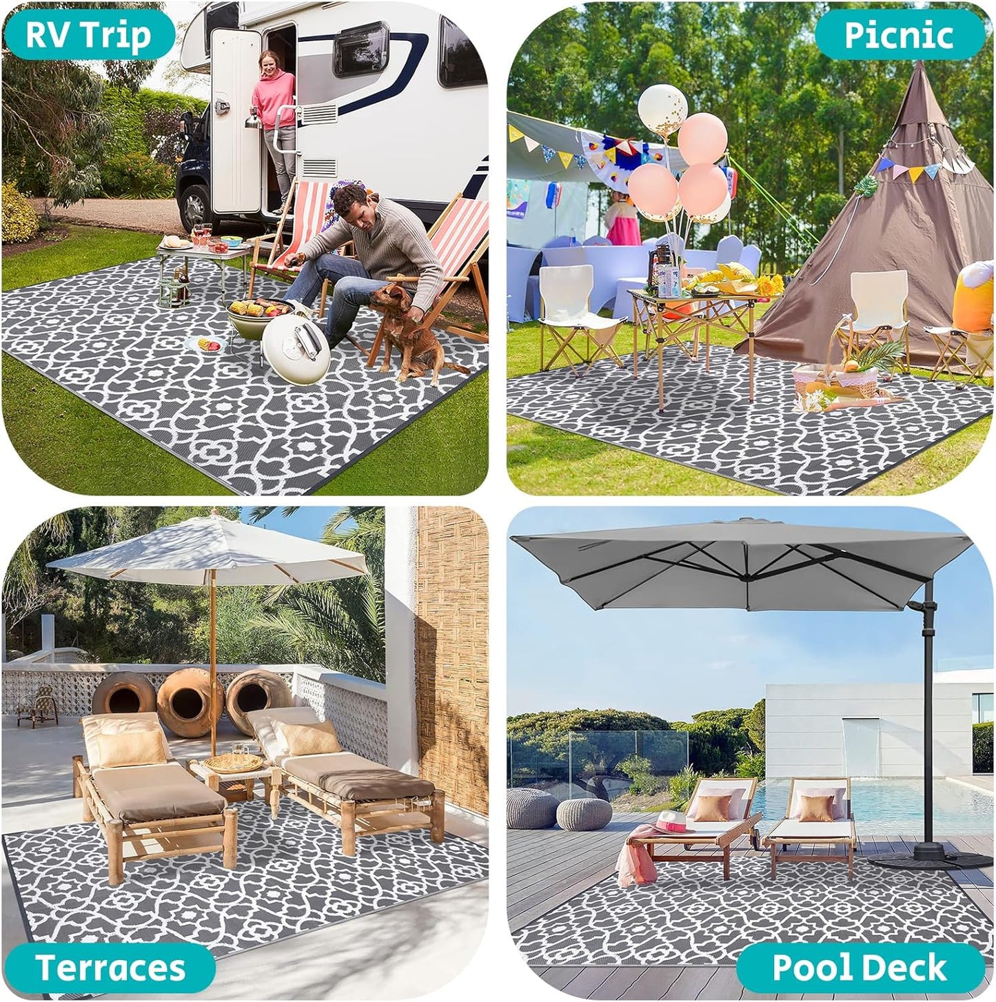 HEBE Outdoor Rug Waterproof 6x9, Plastic Straw Rug Camping Rug, Reversible Outdoor Patio Rugs RV Mat Clearance, Indoor Outside Floor Carpet for Porch,Deck,Camper,Balcony,Backyard