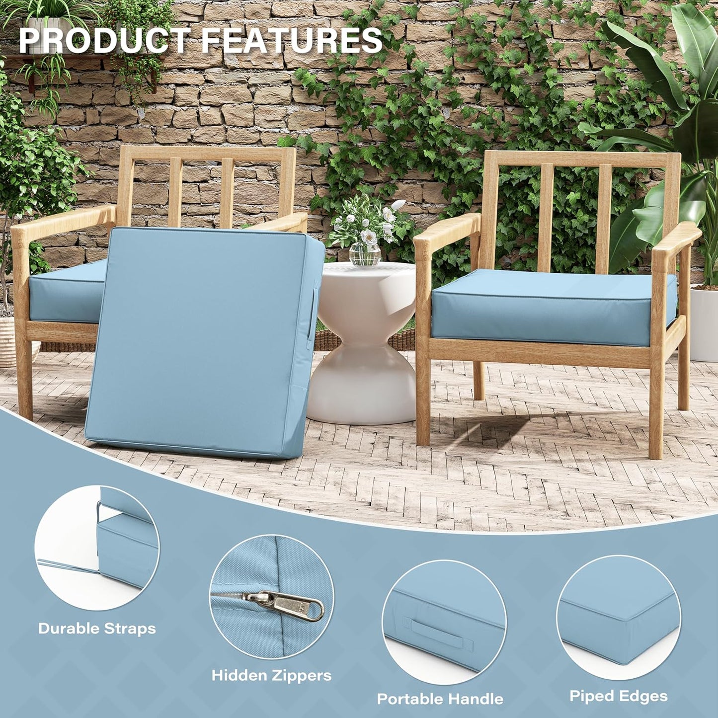 Patio Chair Cushions 24 X 24 X 5 Inch Waterproof Outdoor Seat Cushions for Patio Furniture, Outdoor Sofa Couch Pads with Ties & Handle, Set of 2, Light Blue