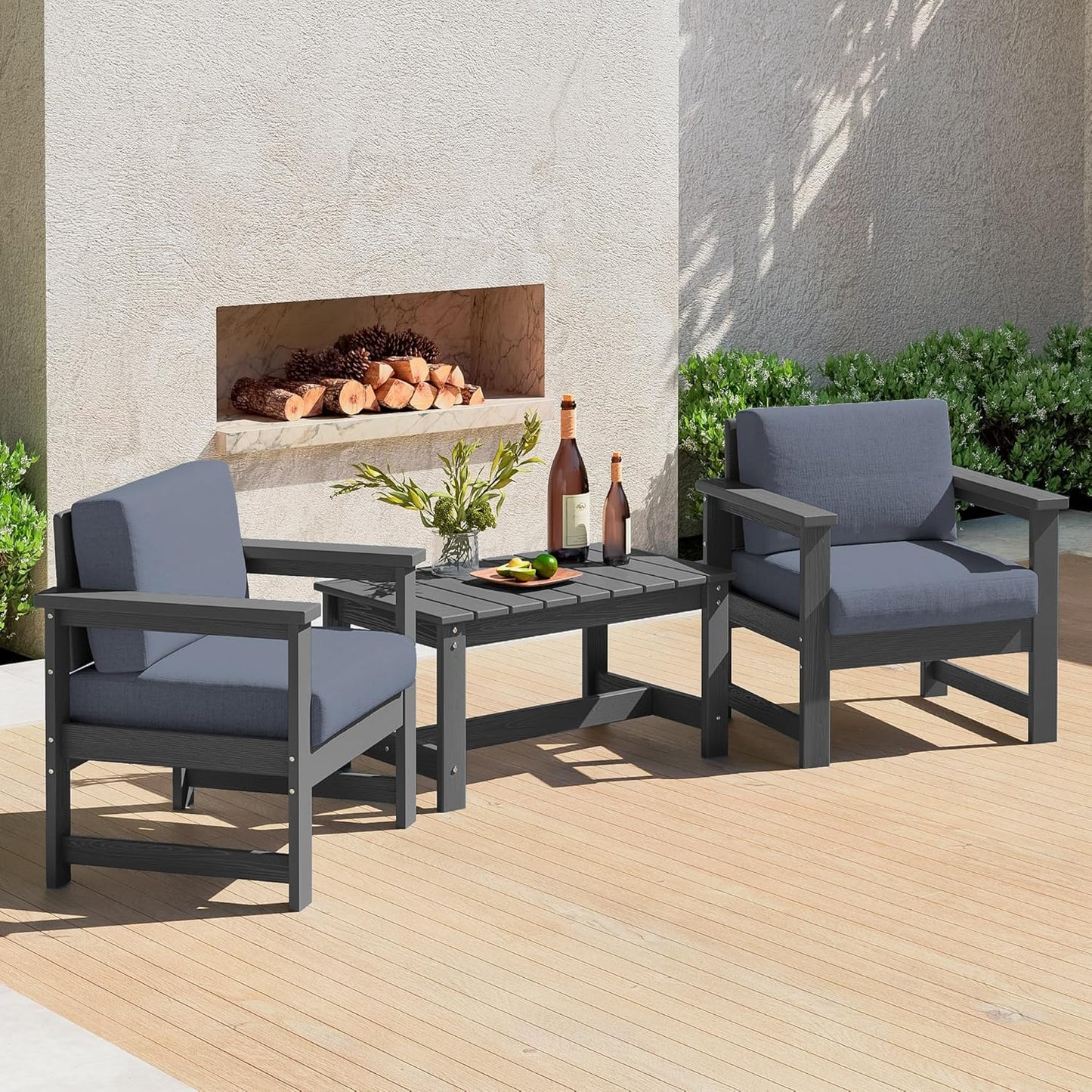 SERWALL 3 Pieces HDPE Outdoor Sofa Bistro Set with Cushions, Outdoor Furniture Sofa Sets with Coffee Table and Cushions, All Weather Conversation Social Set, Grey Frame and Grey Cushion