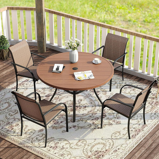 VICLLAX 5 Pieces Patio Dining Set for 4, Outdoor Furniture Set Includes 40.7" Round Patio Table and 4 Patio Stackable Chairs, Walnut Tabletop and Brown Fabric