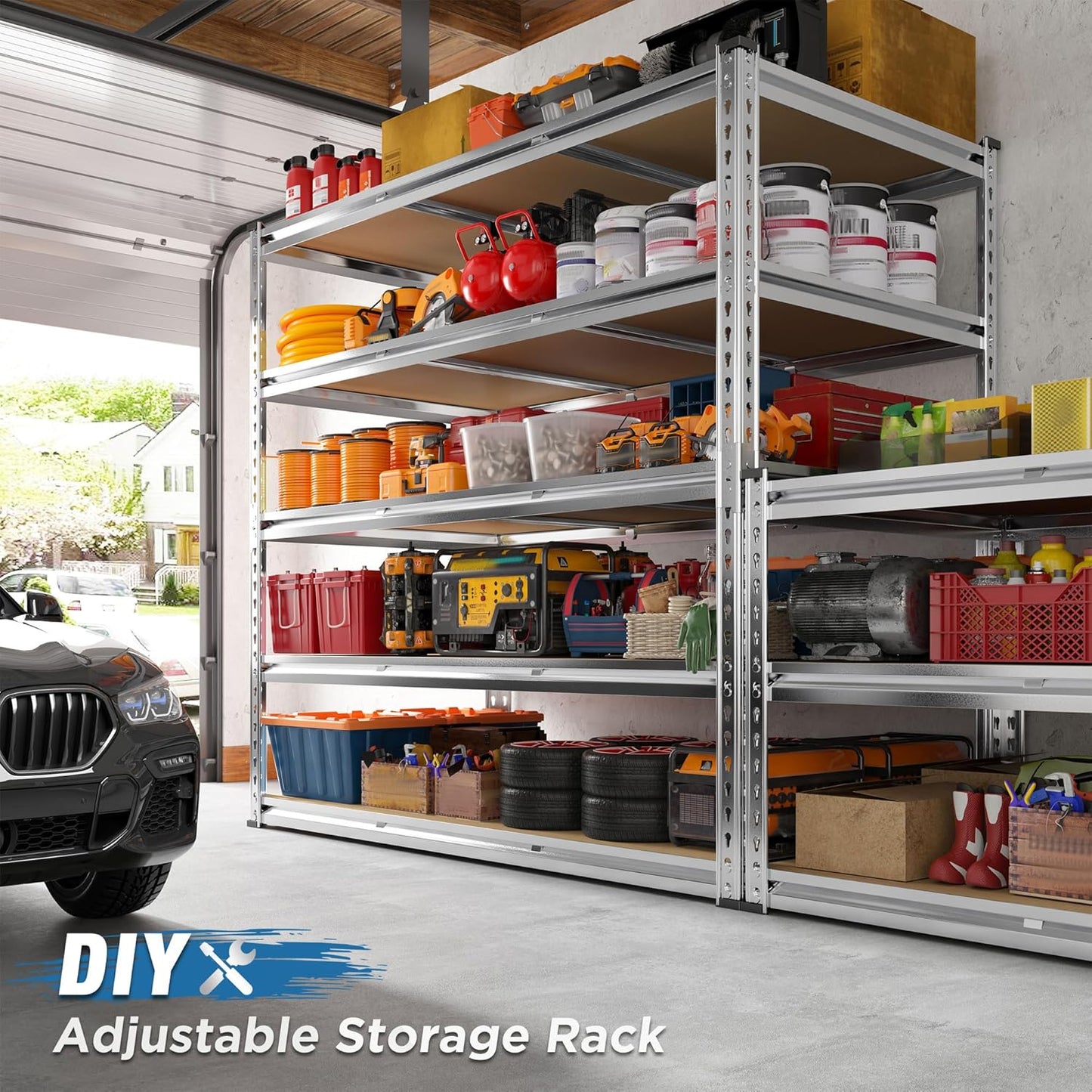 REIBII Garage Shelving, 5 Tier Storage Shelves Load 3020LBS, Adjustable Garage Shelving Heavy Duty, Metal Shelves Unit for Basement, Warehouse, 48" W x 72" H x 24" D, Galvanized