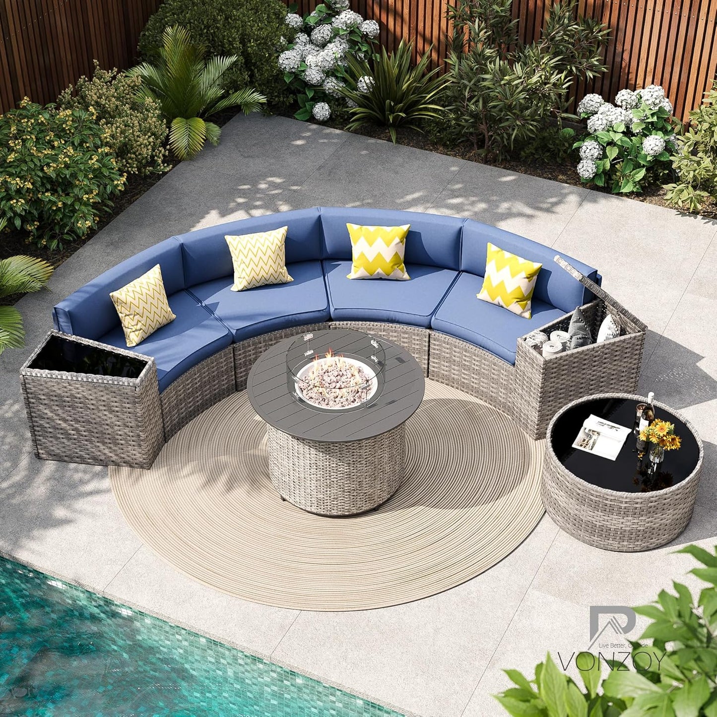 Patio Sectional Furniture Outdoor 8-Piece Grey Rattan Curved Sofa Set with Fire Pit Table,Storage Table,Pillows,Fit for Pool Backyard Balcony Porch Lawn (Navy)