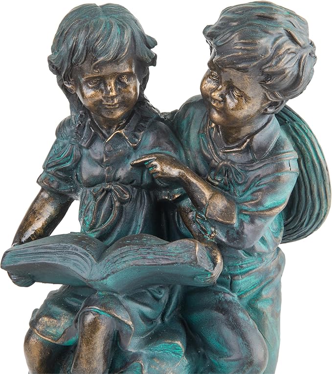 Alpine Corporation 15" Tall Indoor/Outdoor Girl and Boy Reading Together Statue Yard Art Decoration