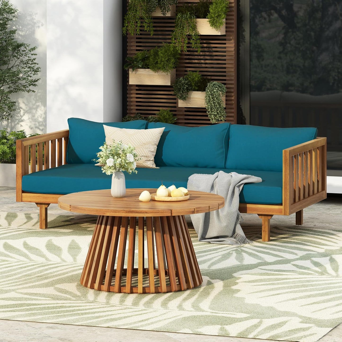 Christopher Knight Home Claremont Patio Sofa and Coffee Table Set, 2 Piece Outdoor Patio Furniture Set with Cushion, Acacia Wood 3 Seater Outdoor Sofa Daybed and Coffee Table Set, Teak+Dark Teal