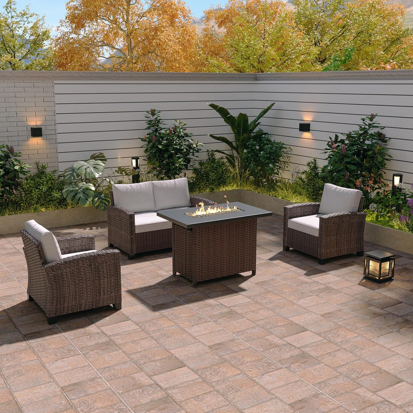 Outdoor Patio Sectional Sofa Set, 4-Piece Rattan Furniture, Patio Conversation Sets with Fire Pit, Seats 4, Light Grey