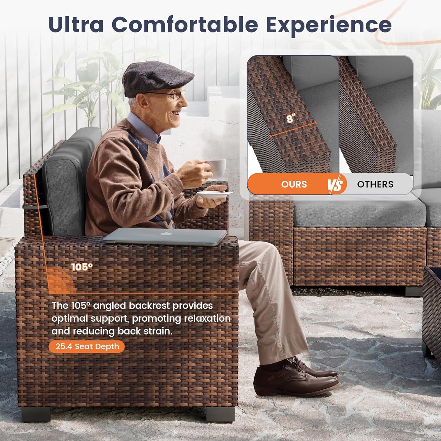 UDPATIO Patio Furniture Set with Fire Pit Table, 8 Inch Armrest Outdoor Sectional Sofa, 9 Piece Wicker Outdoor Furniture Conversation Sets with Waterproof Cover for Backyard Deck(Brown/Dark Grey)