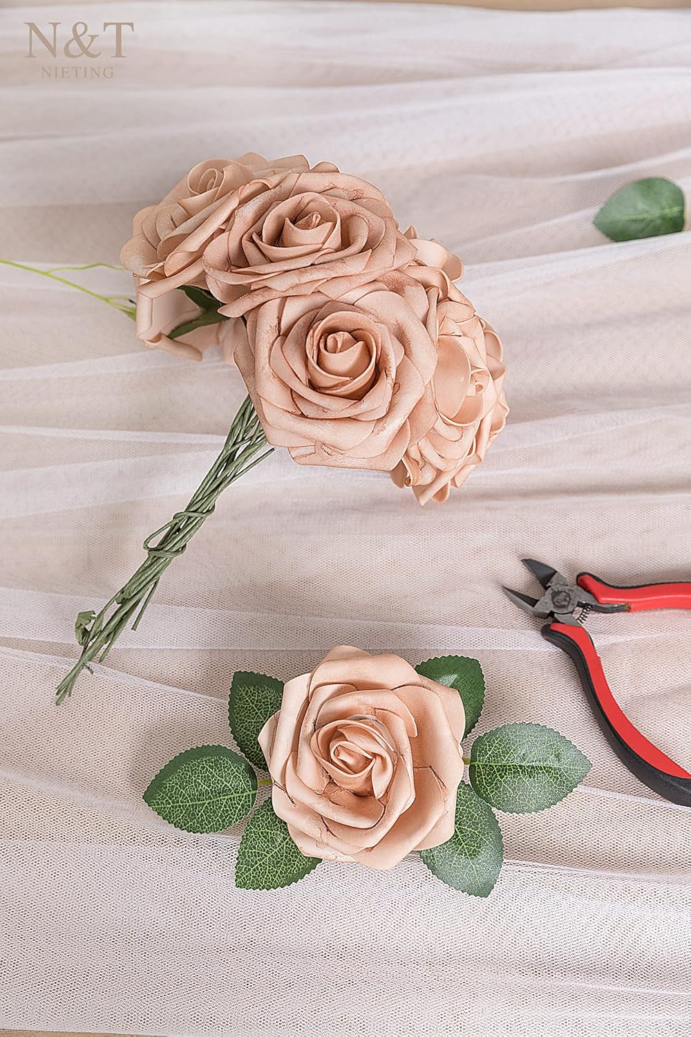 N&T NIETING Artificial Flowers, 25pcs Foam Roses Fake Flowers for DIY Wedding Bouquet Party Baby Shower Decoration, Home Display, Dusty Brown