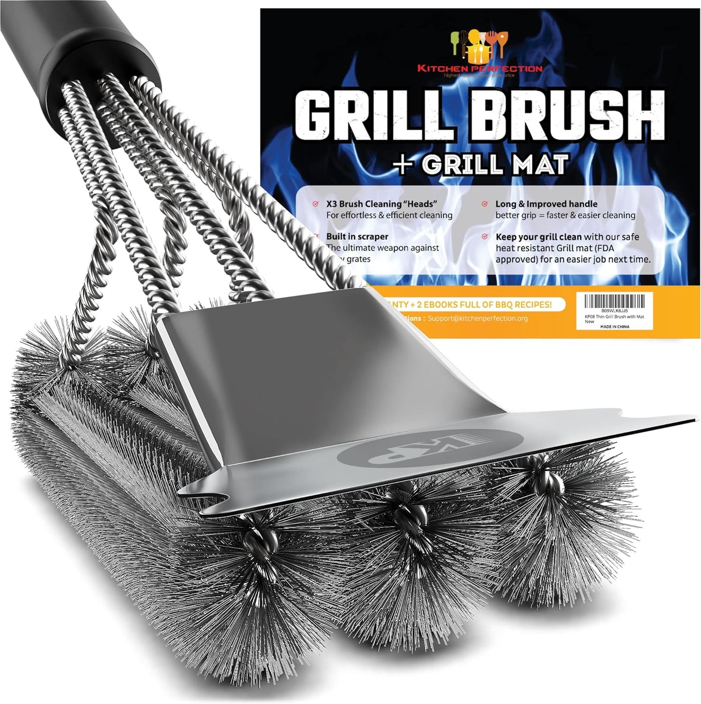 KITCHEN PERFECTION Safe Wire Grill Brush for Outdoor Grill w/Grill Scraper & Grill Mat Grill Cleaning Kit -Extended Handle BBQ Brush for Effortless Grill Cleaning Grill Cleaner Brush Barbecue Tools