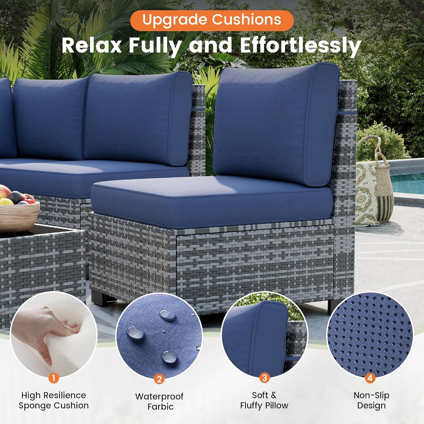 UDPATIO Patio Furniture Set with Fire Pit Table, 8 Inch Armrest Outdoor Sectional Sofa, 9 Piece Wicker Outdoor Furniture Conversation Sets with Waterproof Cover for Backyard Deck(Grey/Navy Blue)