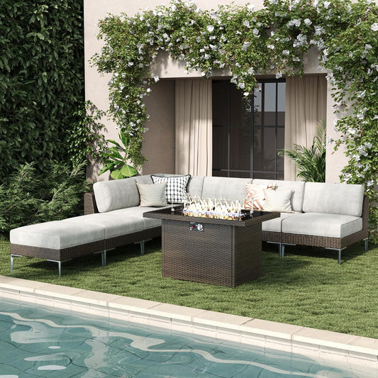 LayinSun 7-Piece Outdoor Modular Wicker Sectional Sofa with Fire Pit Table, Patio Furniture Conversation Set with Deep Seating and Thick Cushions
