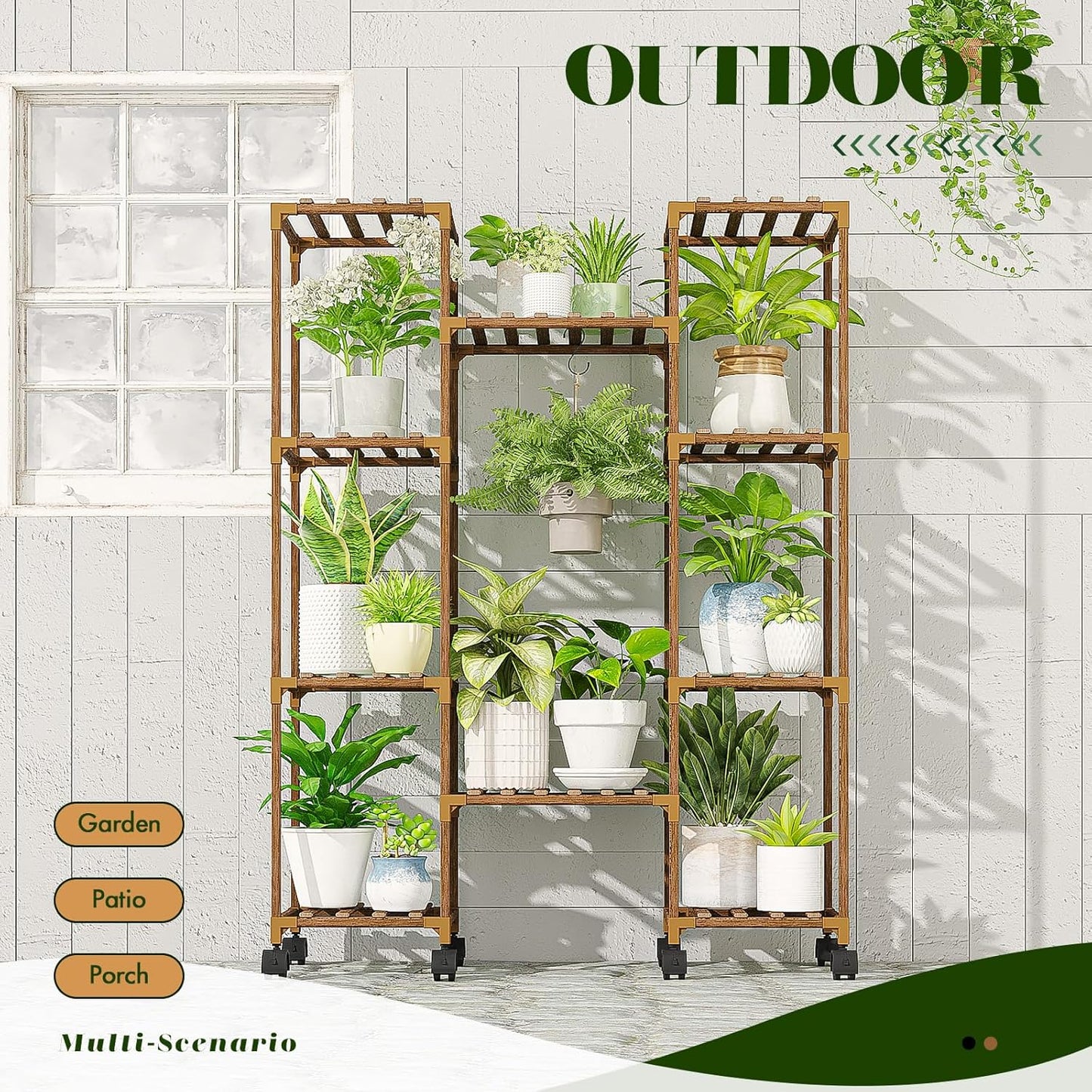 Plant Stand with Wheels Outdoor Indoor Hanging Plant Shelf for Multiple Plants Tall Large Holder for Living Room Patio Balcony Garden Corner Mobile