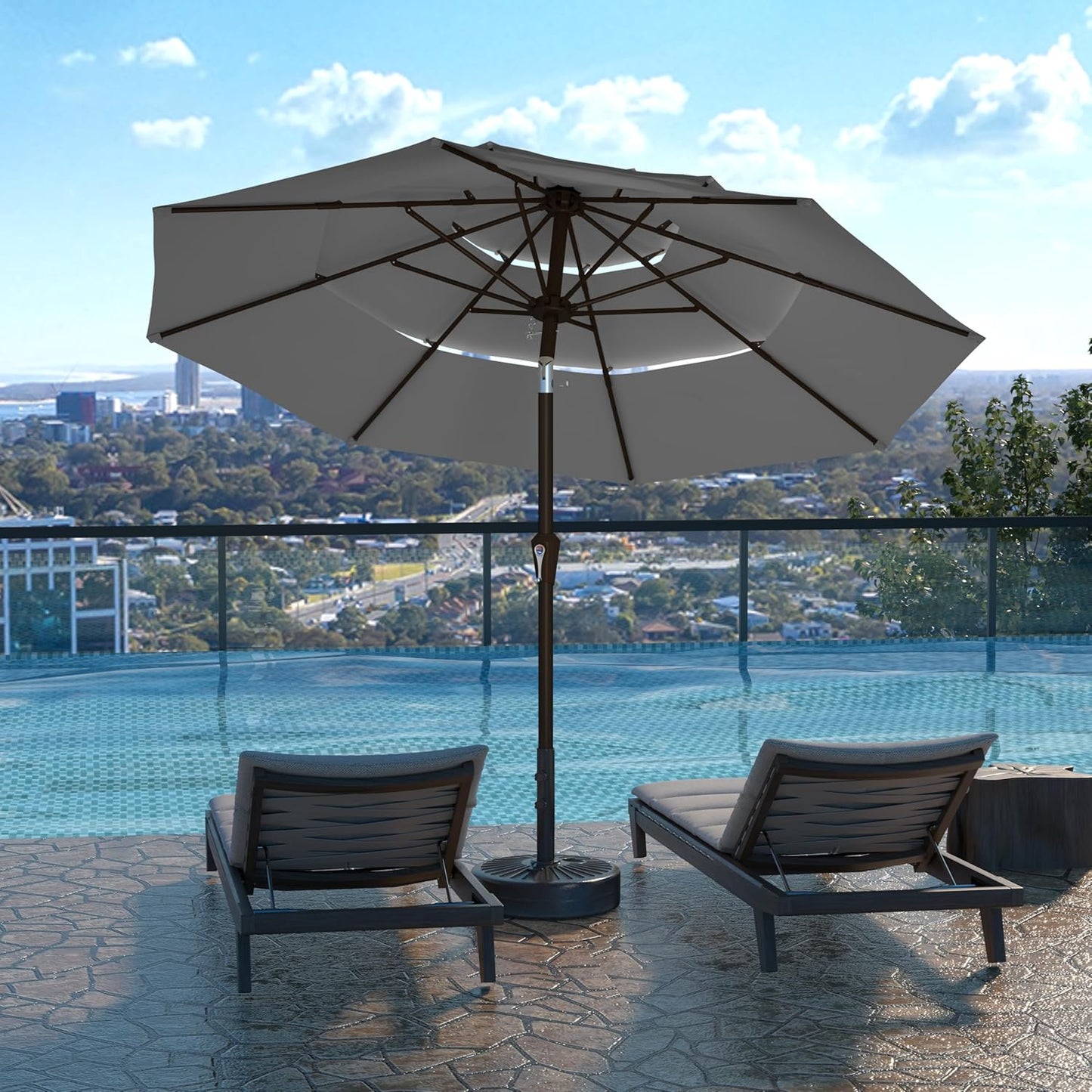 Kingdura 10ft 3-Tier Patio Umbrella, Outdoor Table Umbrella with Easy Crank & Tilt, 8 Reinforced Ribs, UV Protection for Deck, Pool, Market, Backyard (Grey)
