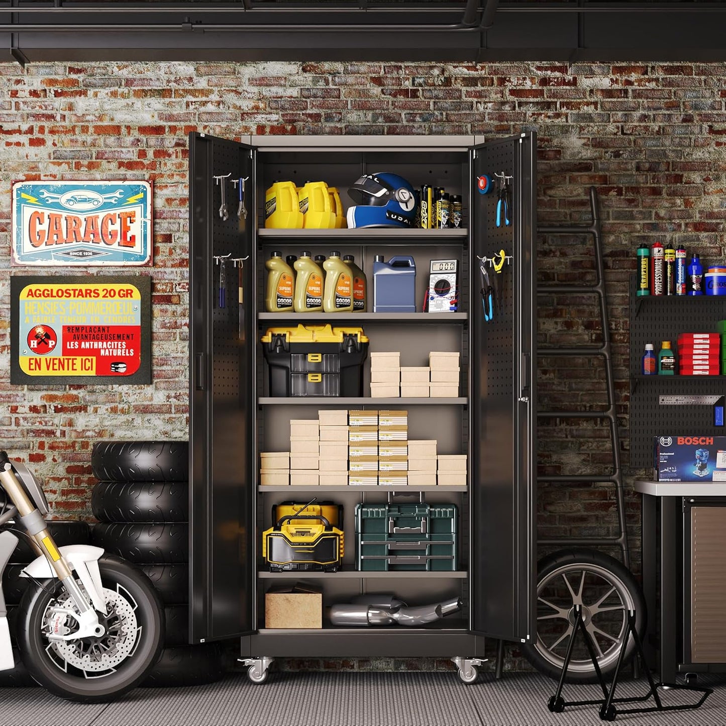 Metal Garage Storage Cabinet with Wheels & Pegboard, Lockable Metal Storage Cabinets with 2 Doors&5 Adjustable Shelves for Garage&Home,Assembly Required,Black 71''H x32''W x16''D
