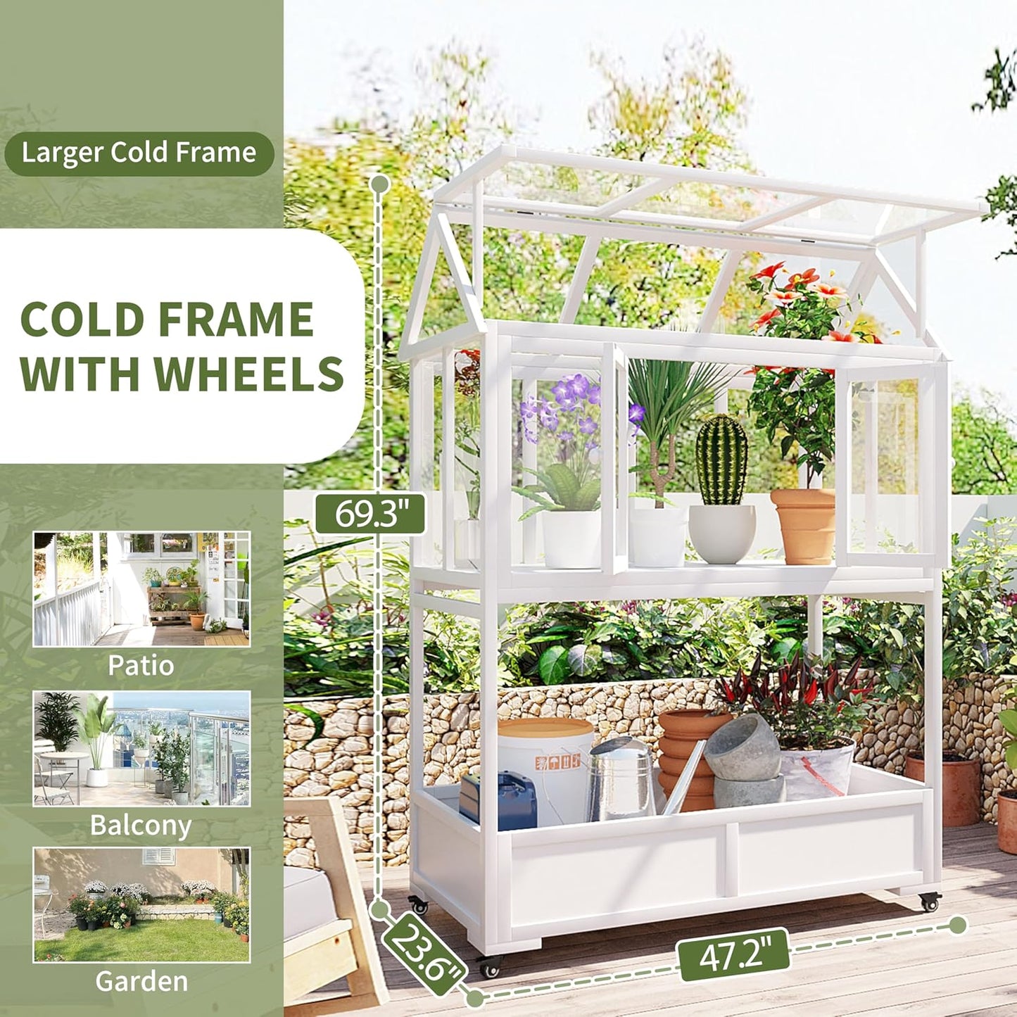 Portable Cold Frame Greenhouse with Wheels , Wooden Mini Greenhouse Cabinet for Gardens & Balconies , Openable Roof Design & Built-in Storage Box ,Easy-to-Move & Durable (White)