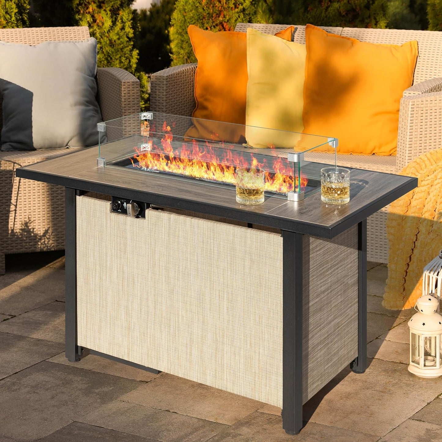 Nuu Garden 43" Propane Fire Pit, CSA-Listed Outdoor Fire Pit Table, 50000 BTU Gas FirePit with Lid, Glass Wind Guard, Glass Beads, 2-in-1 Rectangular FirePit for Outside Backyard Patio, Light Brown