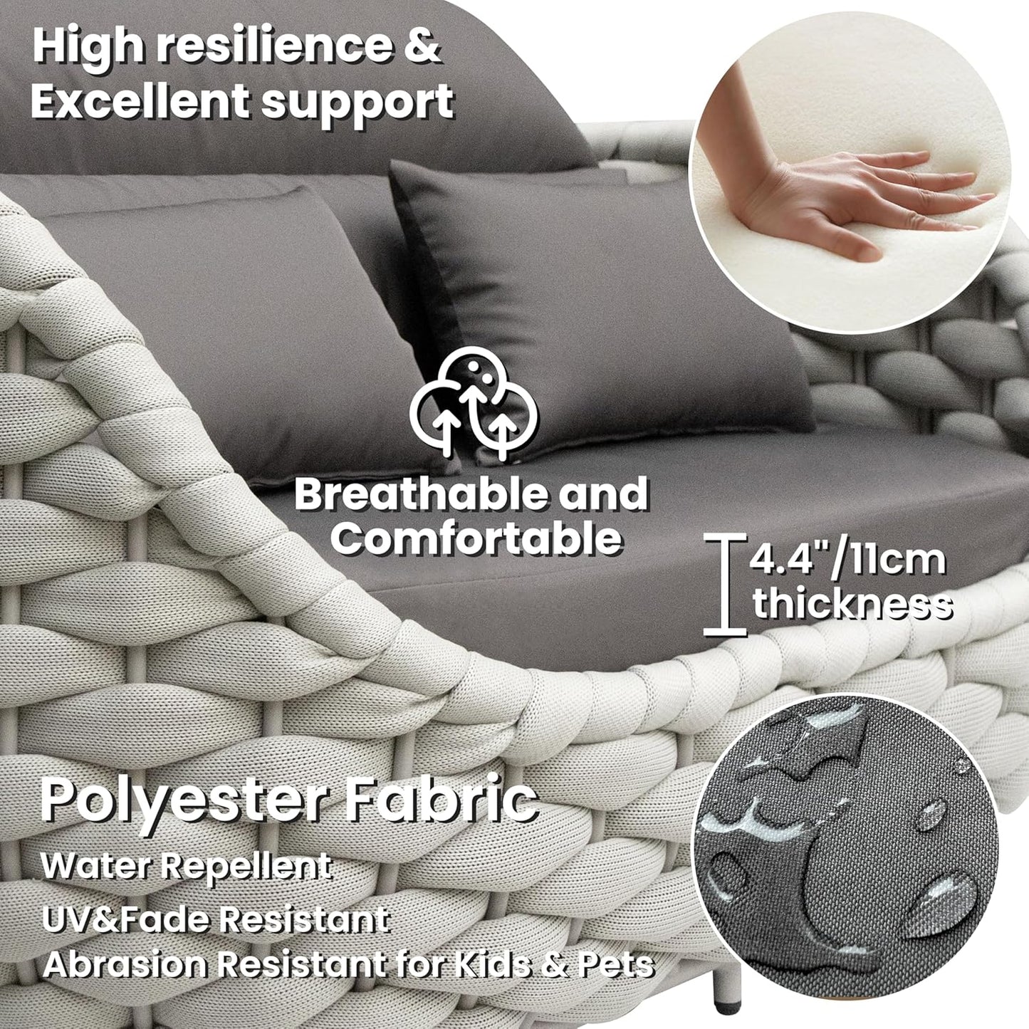 Lanai Outdoor Furniture Set: 6-Piece Aluminum Woven Rope Patio Conversation Sofa Set w/Table - Modern Cushions Couch Set - No Assembly Metal Porch Seating for Deck Yard Garden Pool Hotel Resort