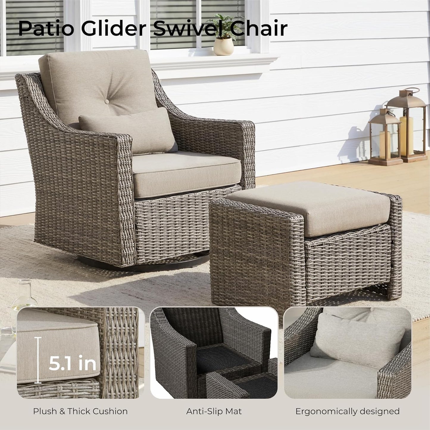 CHITA 2 Pieces Patio Wicker Furniture Set, Outdoor Rattan Bistro Set with Rocking Swivel Chair, Thickened Cushions and Ottoman