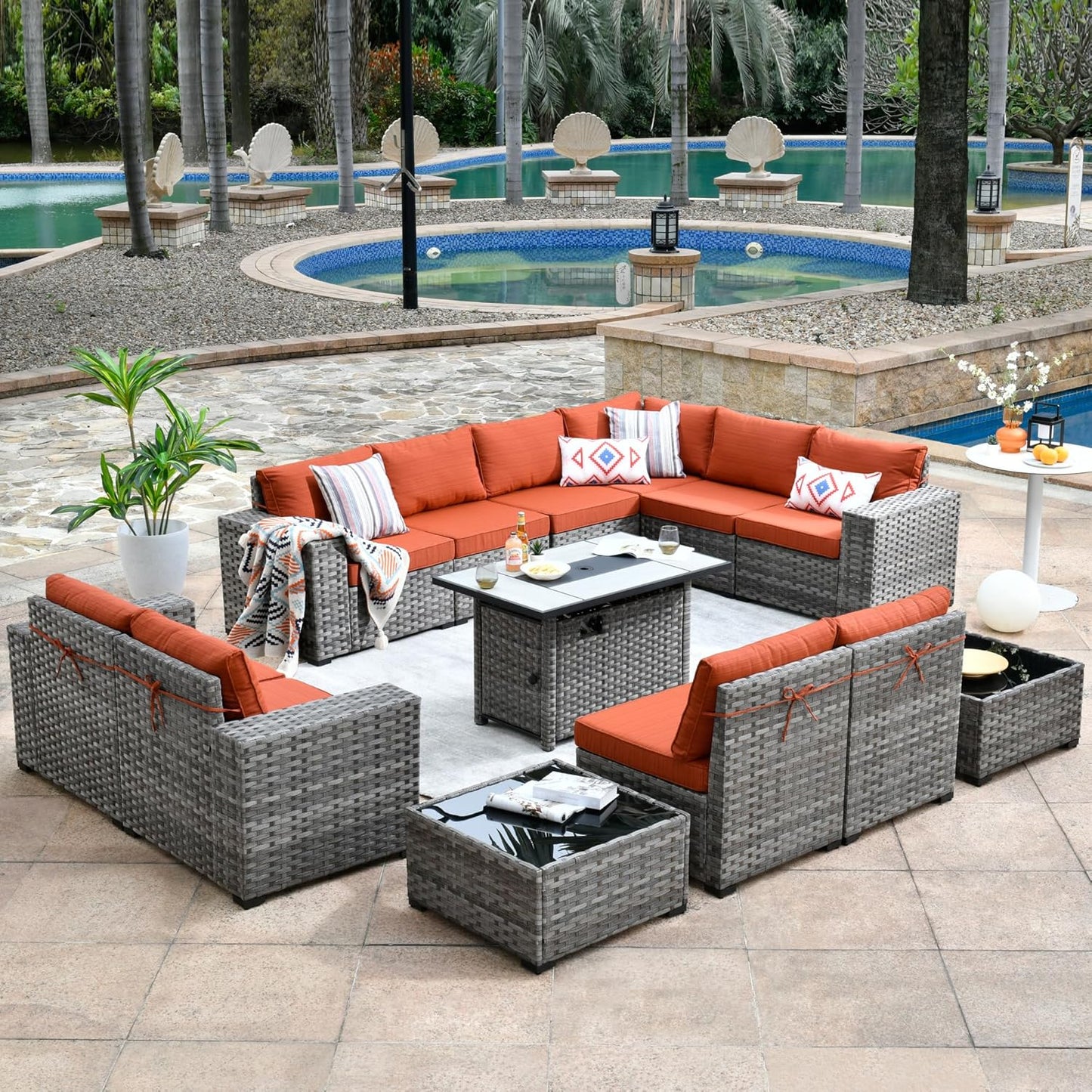 HOOOWOOO 13 Piece Modular Patio Outdoor Sectional Furniture Set with Gas Propane Fire Pit Table,Wicker Conversation Sofa Set,Out Door Couch Set with Wide Arm Outside(Orange Red)