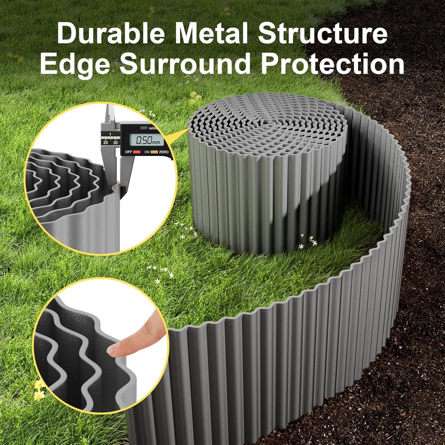 Land Guard Corrugated Garden Edging Border, 12" x 100' Landscape Paver Edging, Tall Landscape Edging, Fence for Garden, Flower Bed, Lawn and Landscape Edging (Grey)